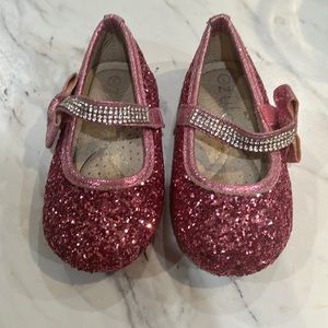 Pink glitter rhinestone bow, Mary Jane, flat toddler shoes